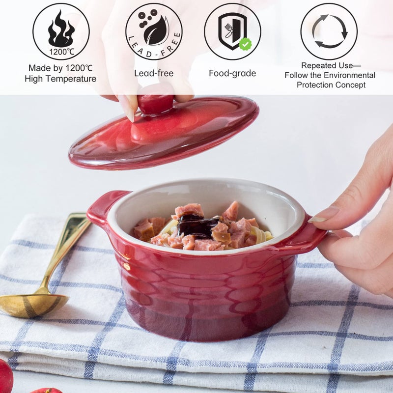 UNICASA 8 oz Ceramic Ramekins with Lid, Mini Casserole Dish with Handles Set of 4, Porcelain Small Baking Dish, Round Small Cocotte Oven Safe, Reactive Glaze (Red) - Image 5