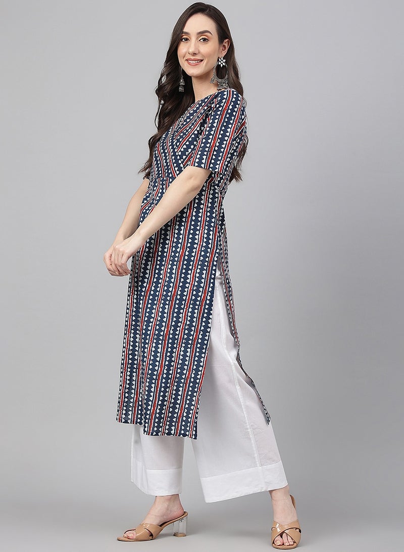 IndHeritage -  Eid kurti collection - Premium cotton kurti - Office kurti / Casual kurti red, dark blue & white colour printed women's kurti / kurta  - Indian Kurti IDH00082 - Image 2