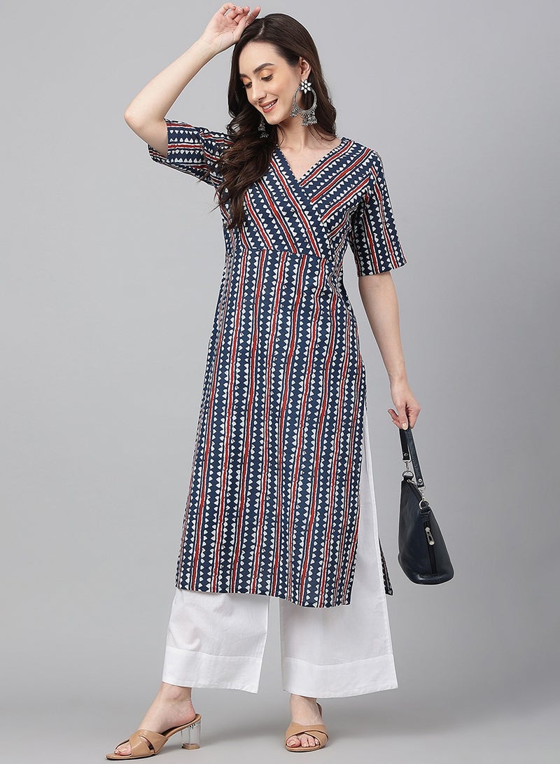 IndHeritage -  Eid kurti collection - Premium cotton kurti - Office kurti / Casual kurti red, dark blue & white colour printed women's kurti / kurta  - Indian Kurti IDH00082 - Image 1