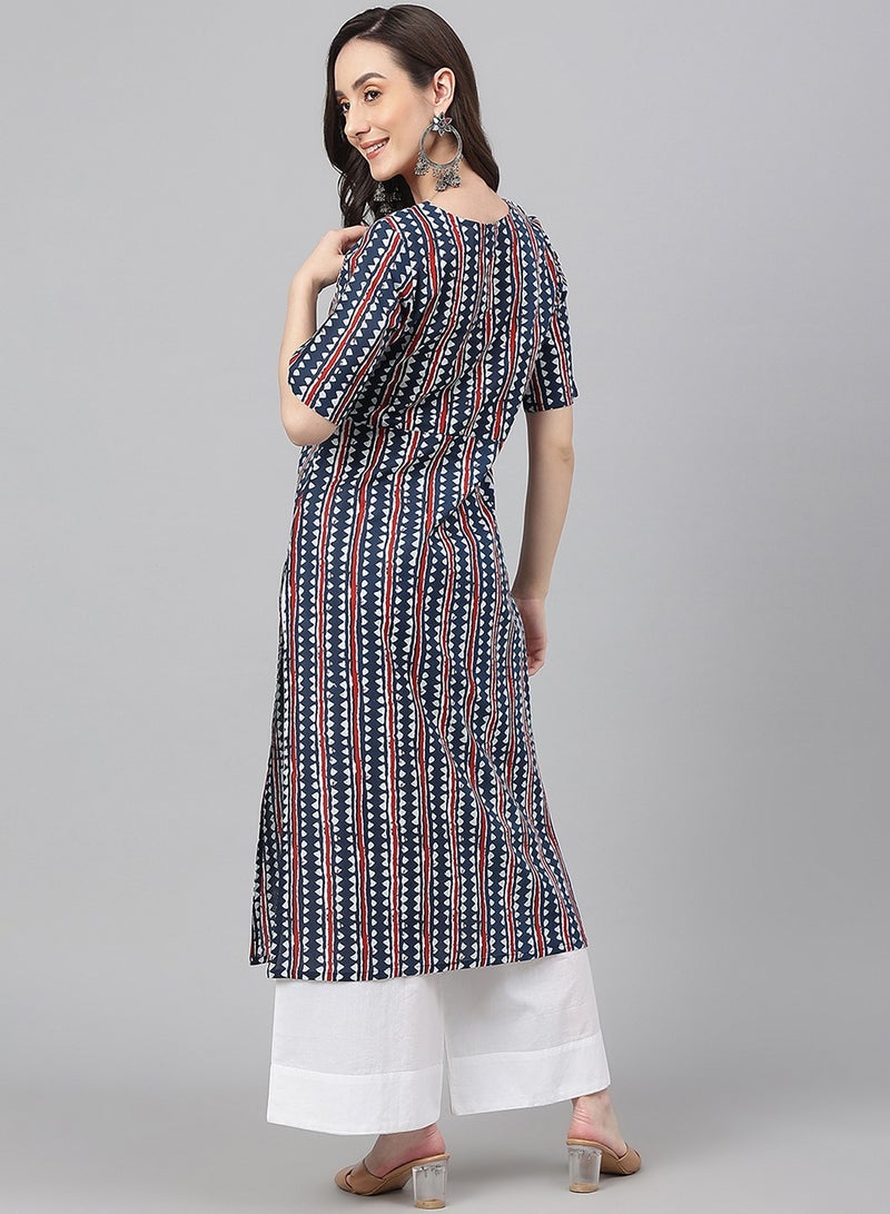 IndHeritage -  Eid kurti collection - Premium cotton kurti - Office kurti / Casual kurti red, dark blue & white colour printed women's kurti / kurta  - Indian Kurti IDH00082 - Image 3