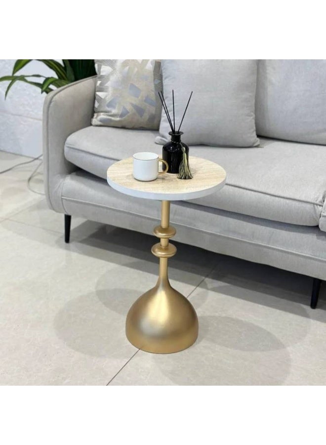 Round Modern Side Table with Beige Textured Top and Geometric Golden Metal Base - Image 1