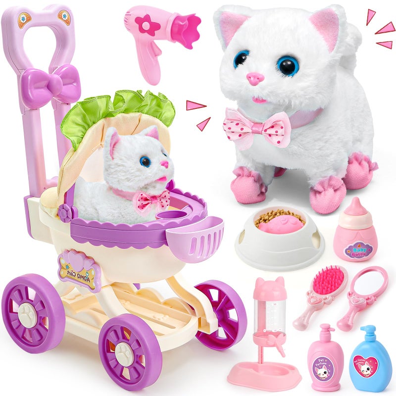 G.C Cat Toys For Kids Girls  Electronic Interactive Stuffed Cat Walk Meow And Wag Tail With Stroller Pet Care Accessories Toys Pretend Play Birthday Gifts For Toddlers Girls 3 4 5 6 7 8 Year Old - Image 1