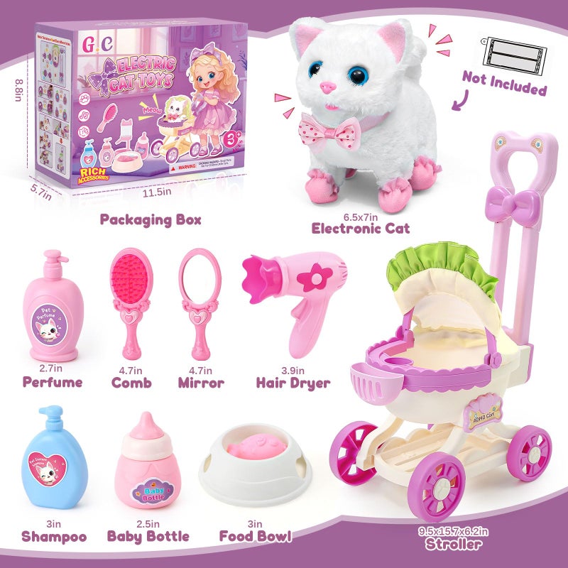 G.C Cat Toys For Kids Girls  Electronic Interactive Stuffed Cat Walk Meow And Wag Tail With Stroller Pet Care Accessories Toys Pretend Play Birthday Gifts For Toddlers Girls 3 4 5 6 7 8 Year Old - Image 2