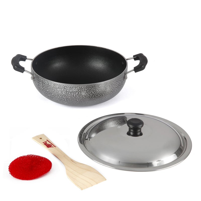 Anjali Diamond Dura Non-Stick Kadai with Stainless Steel Lid, 3.25 litres, Black - Image 1