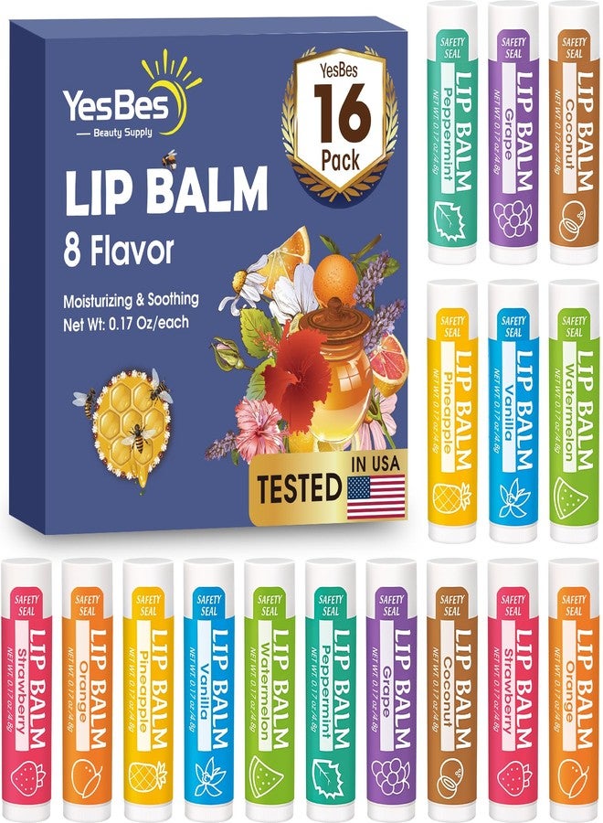 YesBes 16 Pack Lip Balm, Natural Lip Balm Bulk with Vitamin E and Coconut Oil, Moisturizing Lip Balms for Dry Cracked Lips, Lip Balms for Mothers Day Gifts Stocking Stuffers - 8 Flavors - Image 1