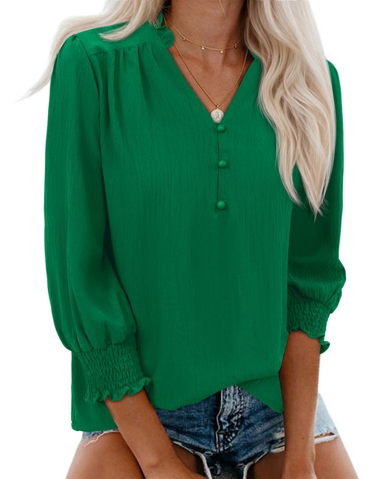 Gleeivy Green Blouses for Women Dressy Casual 3/4 Length Sleeve Womens Tops V Neck 2026 Spring Trendy Business Casual Outfits Green L - Image 1