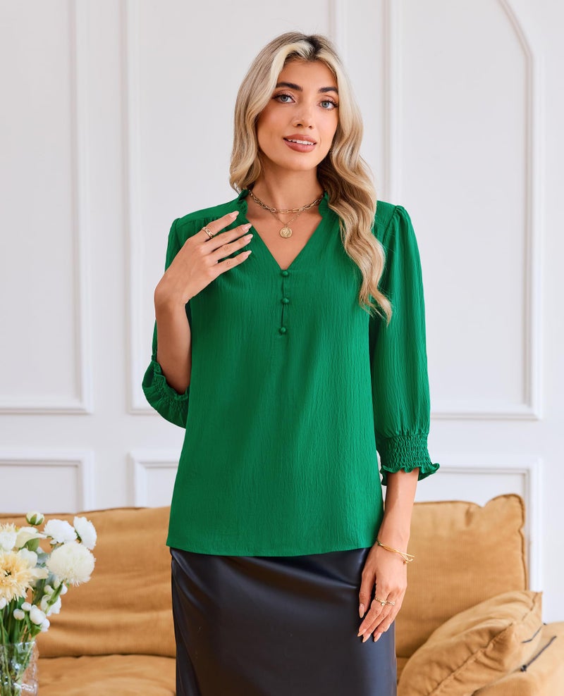 Gleeivy Green Blouses for Women Dressy Casual 3/4 Length Sleeve Womens Tops V Neck 2026 Spring Trendy Business Casual Outfits Green L - Image 5