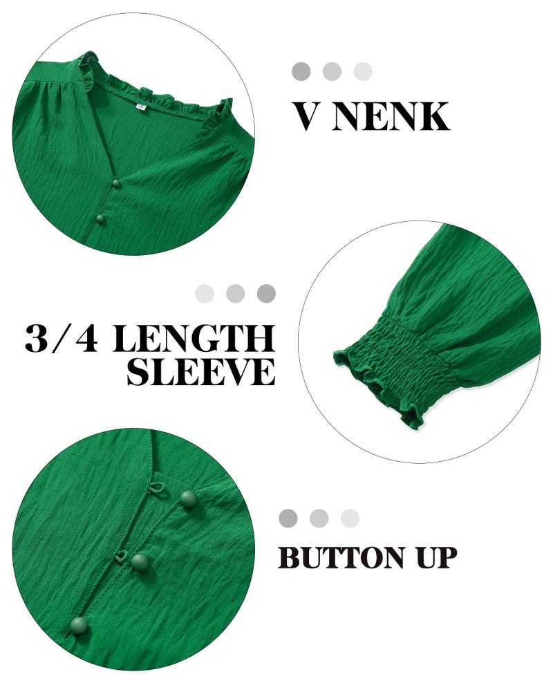 Gleeivy Green Blouses for Women Dressy Casual 3/4 Length Sleeve Womens Tops V Neck 2026 Spring Trendy Business Casual Outfits Green L - Image 4
