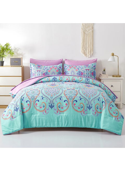 DHSFKBE Queen Comforter Set 7 Piece Bed in a Bag Boho Aqua and Lilac Damask Medallion Print Comforter with Sheets Soft Microfiber Complete Bedding Set for All Season Aqua Queen