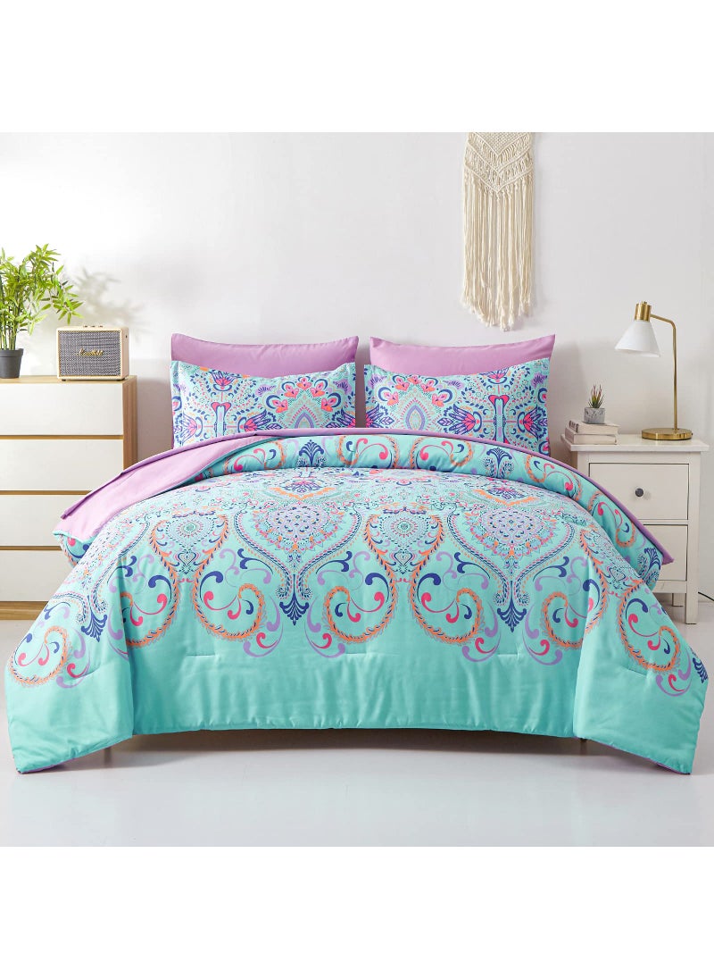 DHSFKBE DHSFKBE Queen Comforter Set 7 Piece Bed in a Bag Boho Aqua and Lilac Damask Medallion Print Comforter with Sheets Soft Microfiber Complete Bedding Set for All Season Aqua Queen 