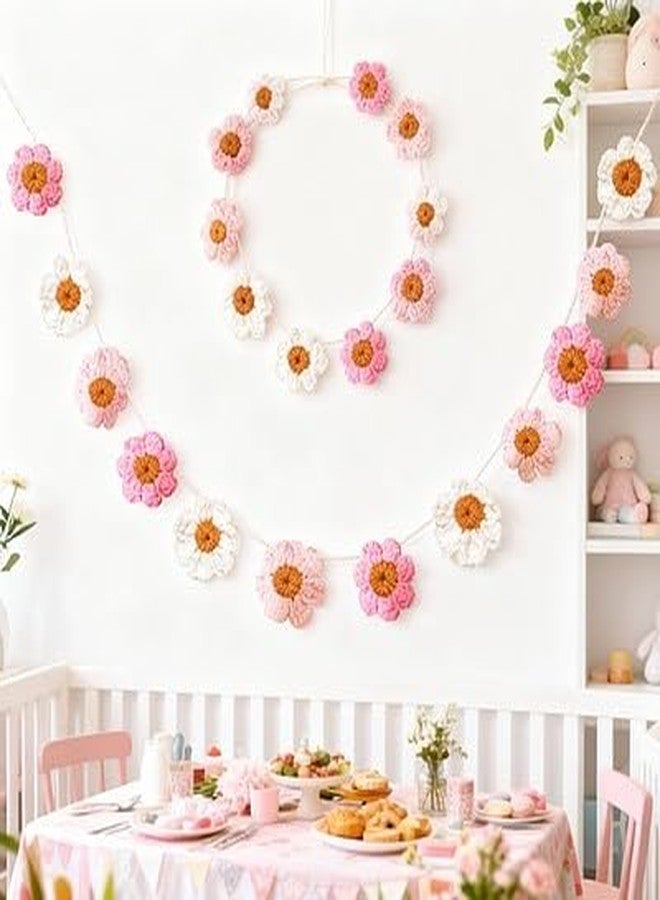 Delllala Boho Crochet Daisy Garland, Pink Flower Banner Garland Decoration, for Baby Girl Nursery Daisy Birthday Party Banner Baby Shower Decoration Hippie Groovy Decor - Image 2