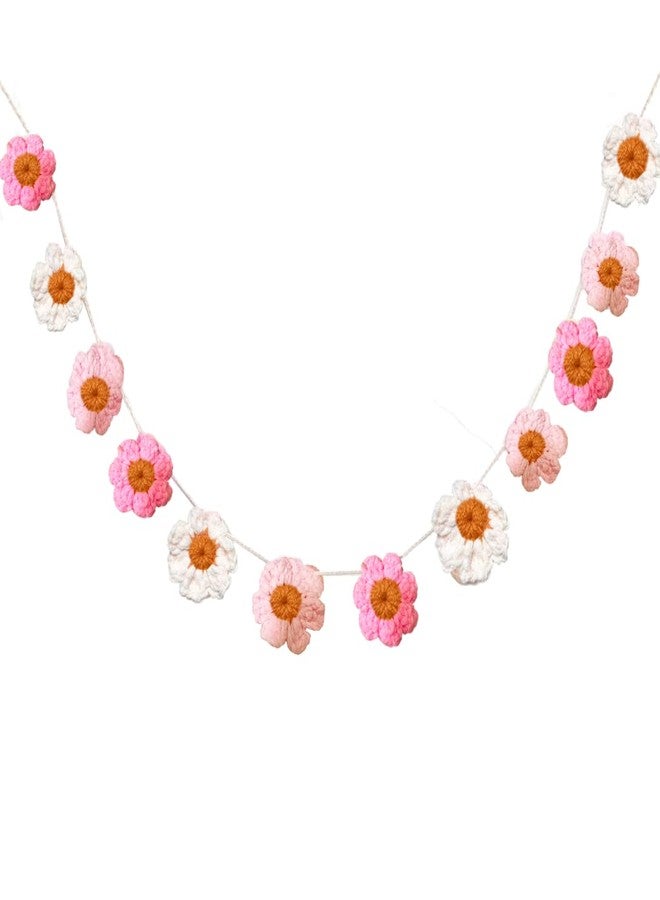 Delllala Boho Crochet Daisy Garland, Pink Flower Banner Garland Decoration, for Baby Girl Nursery Daisy Birthday Party Banner Baby Shower Decoration Hippie Groovy Decor - Image 1