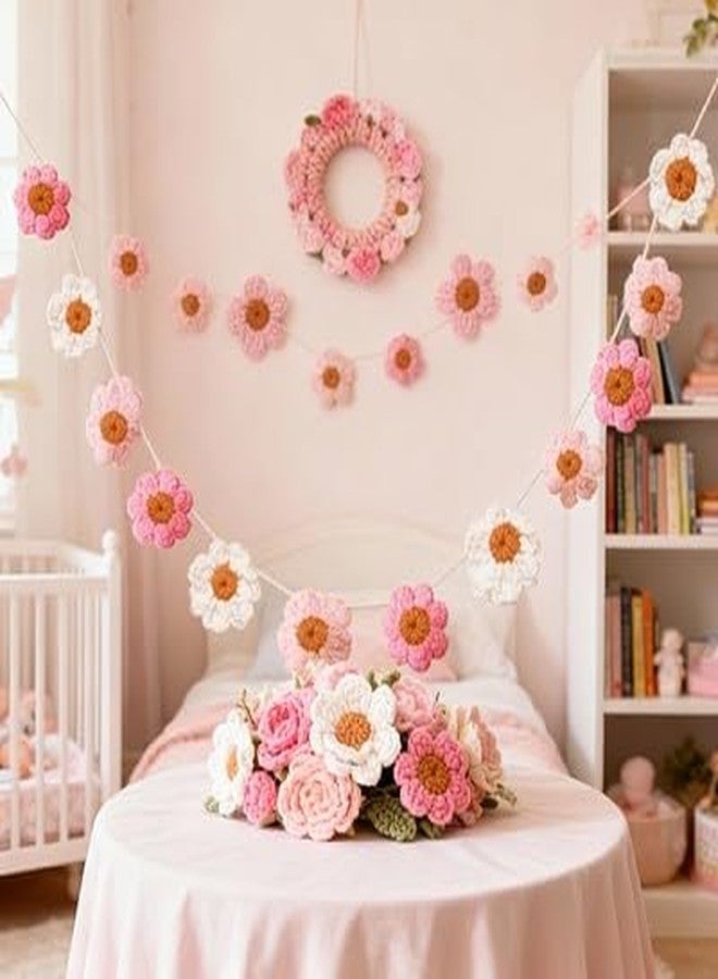 Delllala Boho Crochet Daisy Garland, Pink Flower Banner Garland Decoration, for Baby Girl Nursery Daisy Birthday Party Banner Baby Shower Decoration Hippie Groovy Decor - Image 4