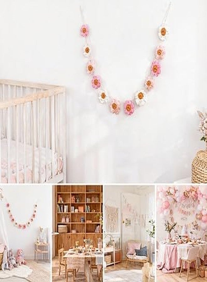 Delllala Boho Crochet Daisy Garland, Pink Flower Banner Garland Decoration, for Baby Girl Nursery Daisy Birthday Party Banner Baby Shower Decoration Hippie Groovy Decor - Image 3