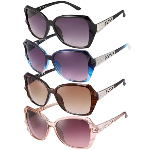 HEQU 4 Pcs Women Large Sunglasses, UV 400 Glasses Oversized Polarized Sunglasses Classic Trend Ladies Sunglasses Sparkling Rhinestone Large Frame Sunglasses for Women, black/blue/champagne/brown - Image 1
