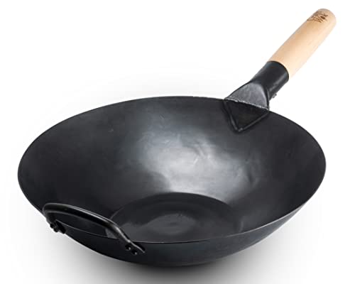 Craft Wok Black13 Flat Pre-Seasoned Hammered Carbon Steel Wok with Wooden and Steel Helper Handle (13 Inch, Flat Bottom) - Image 1