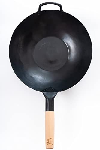 Craft Wok Black13 Flat Pre-Seasoned Hammered Carbon Steel Wok with Wooden and Steel Helper Handle (13 Inch, Flat Bottom) - Image 2
