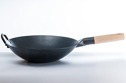 Craft Wok Black13 Flat Pre-Seasoned Hammered Carbon Steel Wok with Wooden and Steel Helper Handle (13 Inch, Flat Bottom) - Image 3
