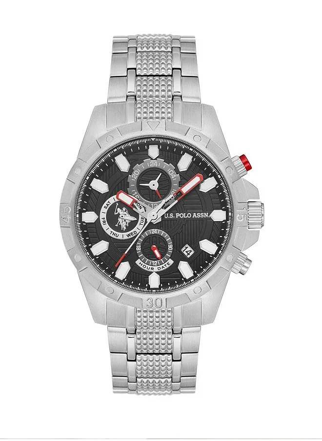 يو اس بولو اسن U.S. Polo Assn. Crossing Men's 44mm Watch with Black Dial, Red Accents & Chronograph, Silver Band, Bold & Elegant Design