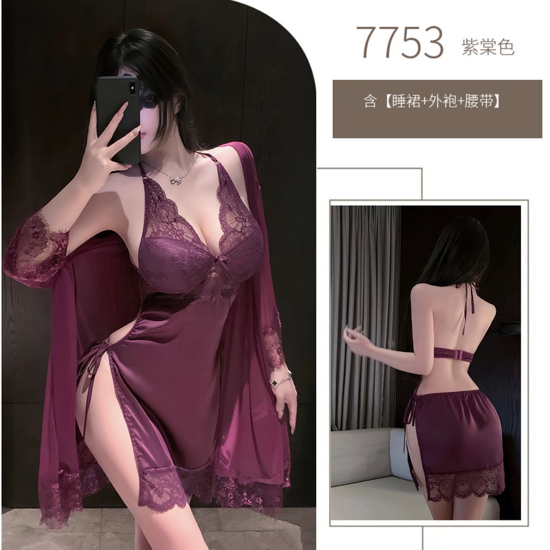 Women's 2-Piece Elegant Lace Nightgown and Bathrobe Set with Belt, Soft Polyester Loungewear - Purple-Brown / One Size