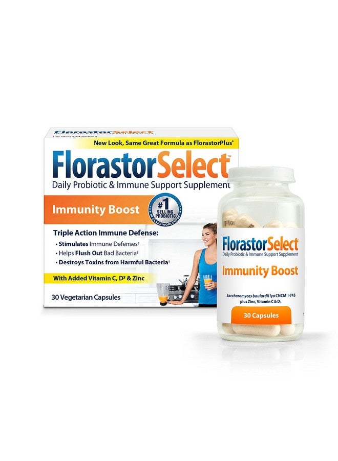 Florastor Select Immunity Boost Daily Probiotic & Immune Support Supplement For Women And Men Saccharomyces Boulardii Cncm I745 Plus Zinc Vitamin C & D3 30 Caps Package May Vary - Image 2