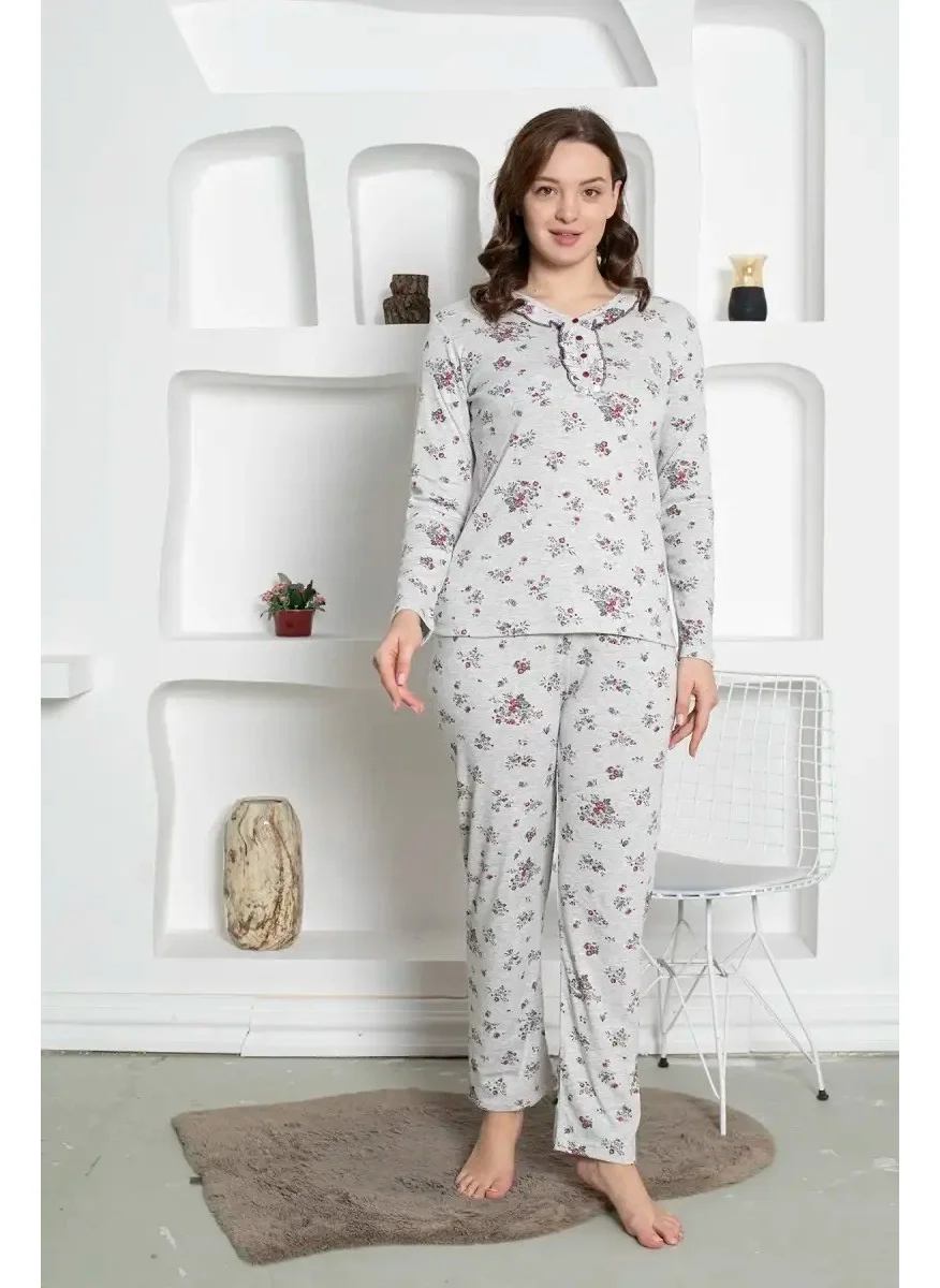 Bie'S Gray Floral Patterned Plus Size Women's Long Sleeve Mother Pajama Set - Cotton Combed Seasonal