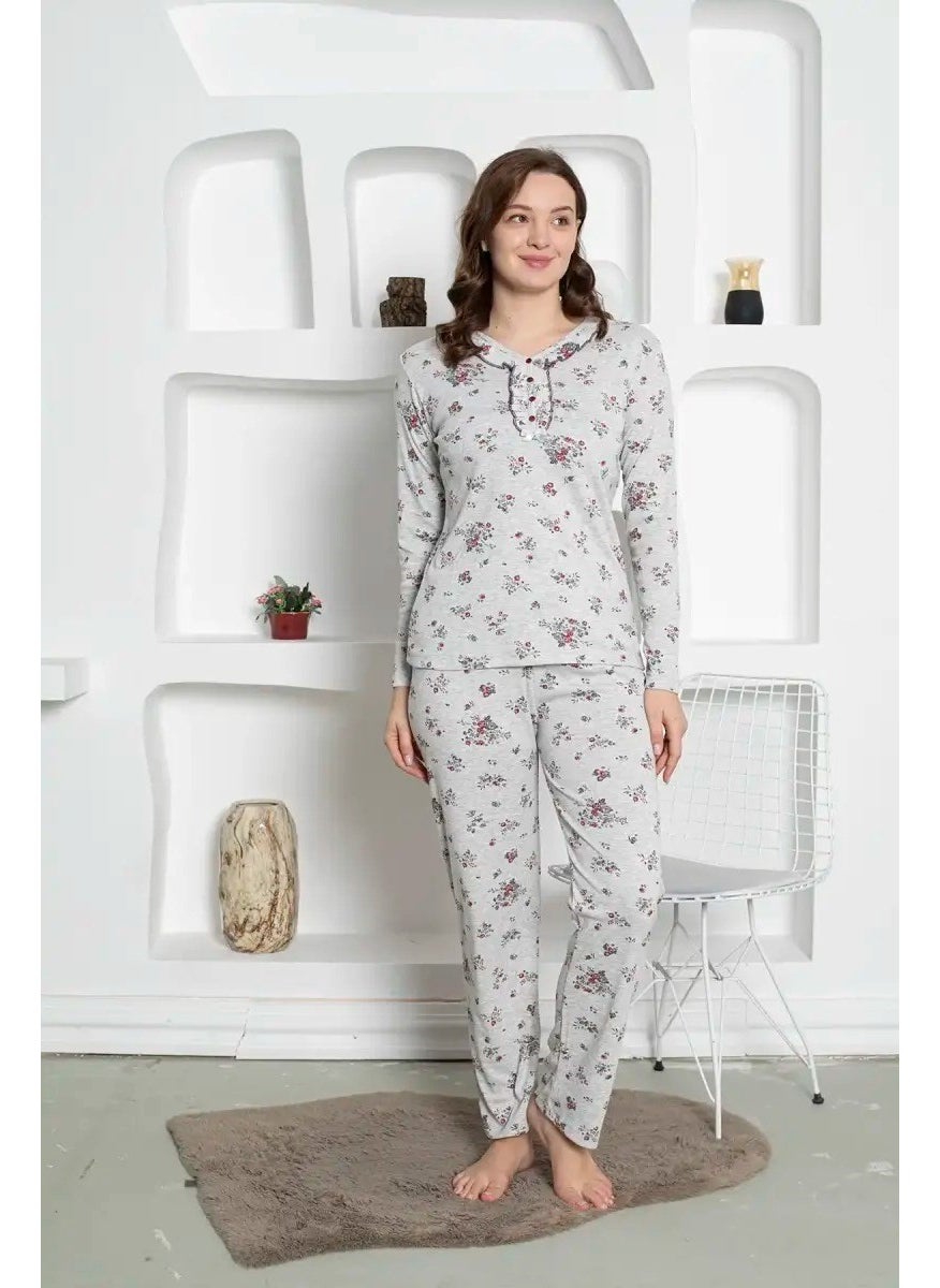 Gray Floral Patterned Plus Size Women's Long Sleeve Mother Pajama Set - Cotton Combed Seasonal - pzsku/ZA5AB20F828EF10D79E92Z/45/_/1741272376/43a22175-3672-4b3d-970c-e38ae6377e49