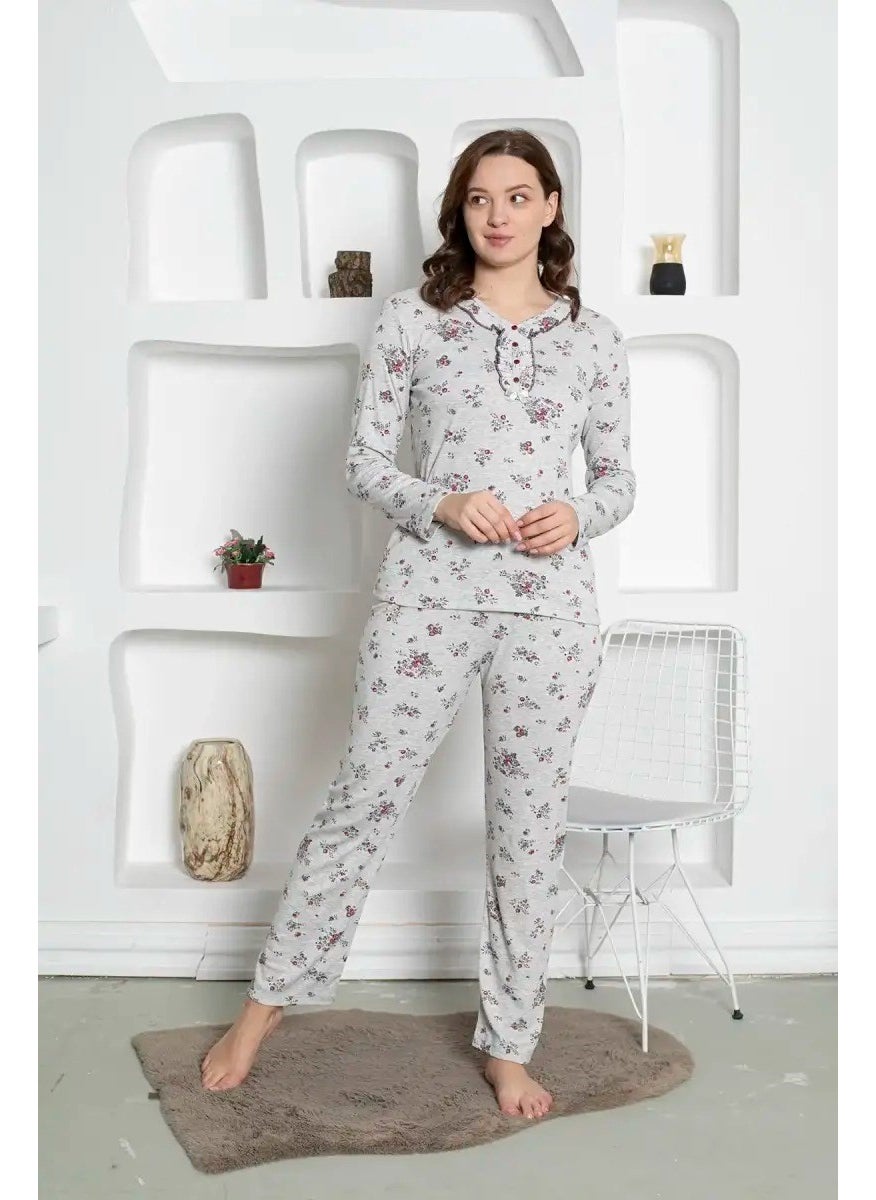 Gray Floral Patterned Plus Size Women's Long Sleeve Mother Pajama Set - Cotton Combed Seasonal - pzsku/ZA5AB20F828EF10D79E92Z/45/_/1741272513/5f84ac61-d651-483c-9464-81da34178055