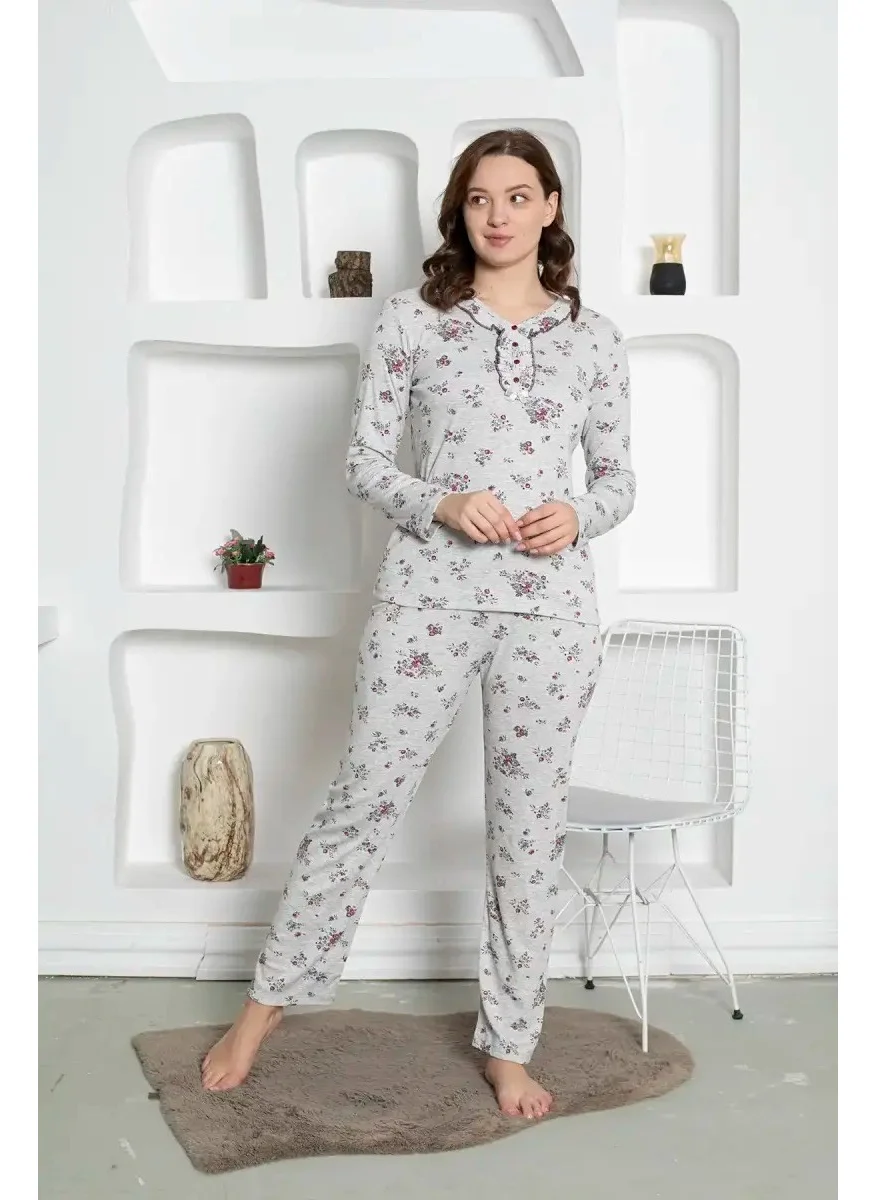 Bie'S Gray Floral Patterned Plus Size Women's Long Sleeve Mother Pajama Set - Cotton Combed Seasonal