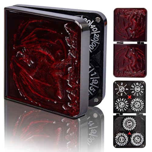 Luazuri 7in1 DND Pocket Spinner Dice Set Foldable Flip Dice with Delicate Dragon Iron Box Compact Dice Set for DND RolePlaying Games Fans Red - Image 1