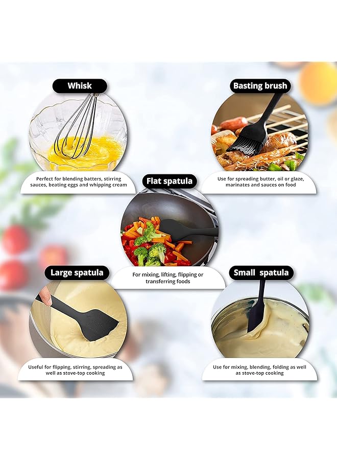 مونوبتيلون مجموعة أدوات طهي سيليكون مكونة من 11 قطعة مع دلو تخزين، أدوات طهي غير لاصقة، مجموعة أدوات مطبخ مقاومة للحرارة بمقابض من الخشب الطبيعي (أسود) - Image 2