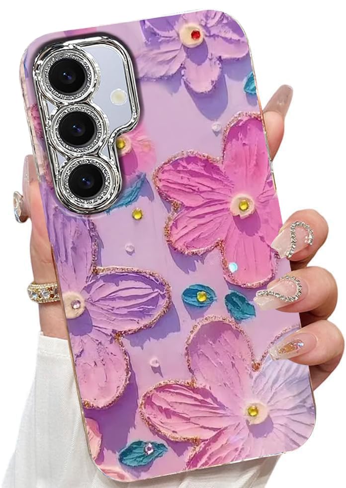 Elzzi Compatible with Samsung S23 5G Case Laser Flower Oil Painting Cute Colorful Blue Ray Bumper with Full Camera Protection Shockproof PC+TPU Glossy Shiny Cover for Girls Women, Green - Image 1