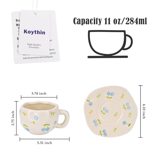 Koythin Ceramic Coffee Mug with Saucer Set Cute Creative Fresh Fruit Cup Unique Irregular Design for Office and Home 10 oz300 ml for Latte Tea Milk - Image 3