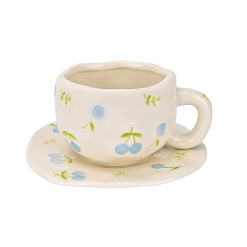 Koythin Ceramic Coffee Mug with Saucer Set Cute Creative Fresh Fruit Cup Unique Irregular Design for Office and Home 10 oz300 ml for Latte Tea Milk - Image 1