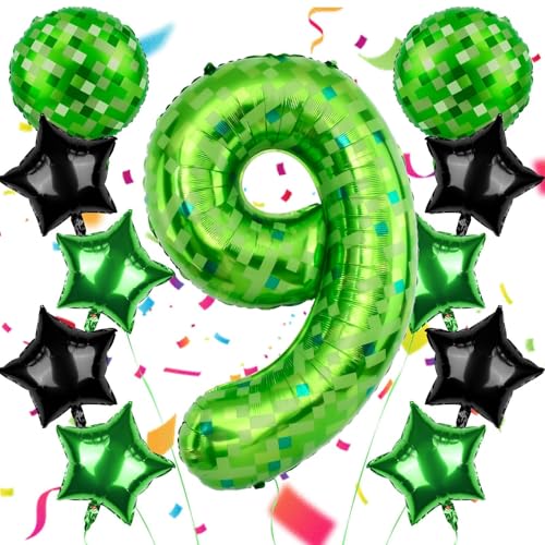 AXBMM 40 Inch Green Pixel Themed Number 9 Balloon Set Foil Balloon for Girls Boys Birthday Party Decorations Party Supplies Favors Number 9 - Image 1