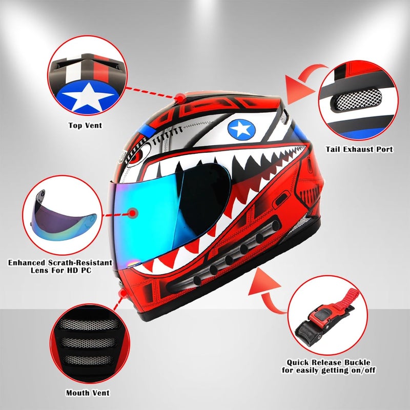 WOW Motorcycle Full Face Helmet Street Bike BMX MX Youth Kids Shark Red - Image 4