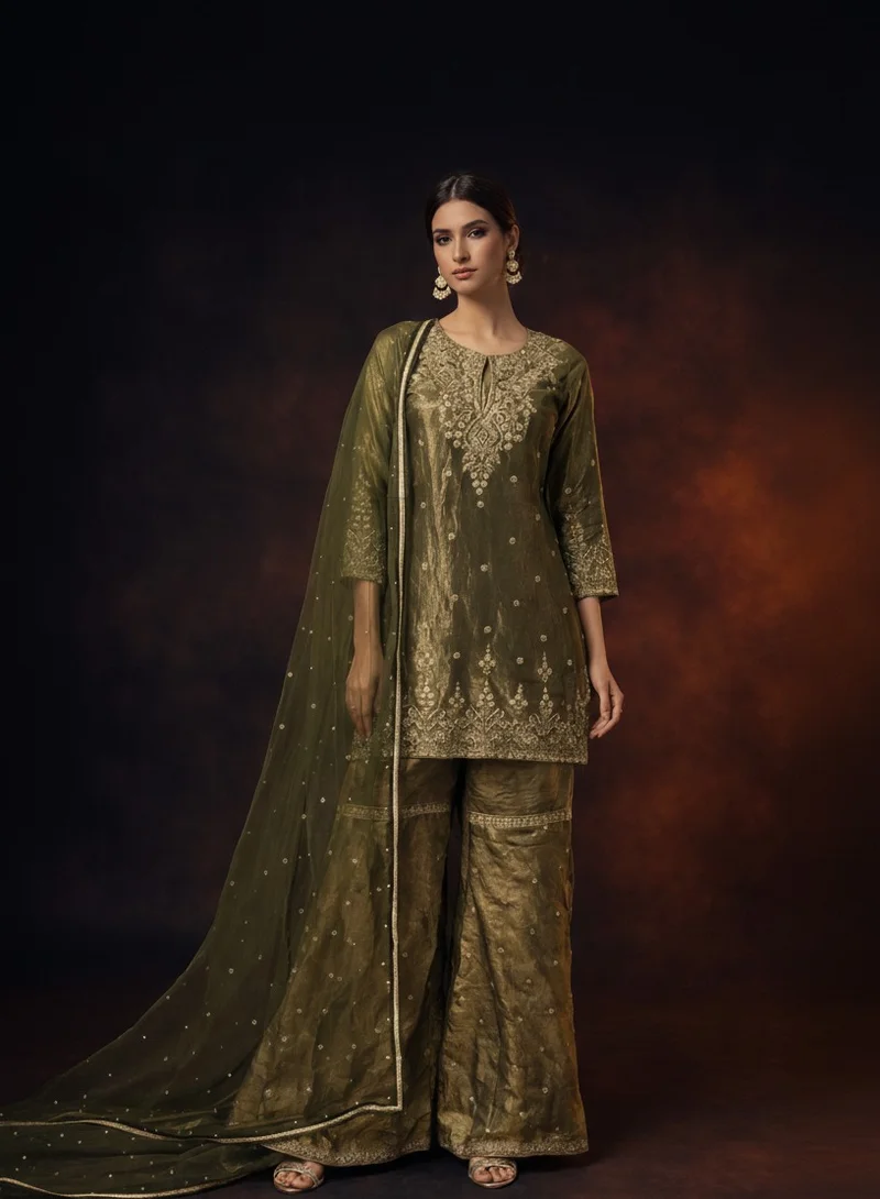Lehar Olive Green Tissue Silk Sharara Set with Traditional Zari Embroidery