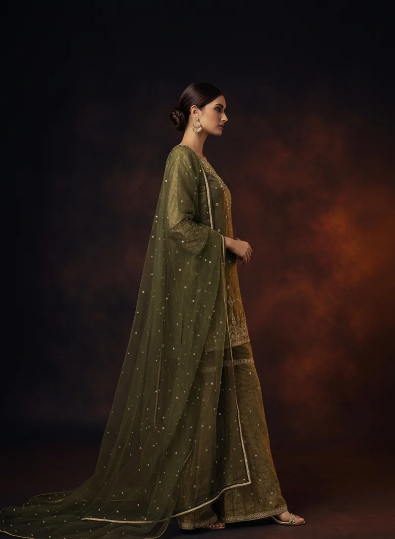 Lehar Olive Green Tissue Silk Sharara Set with Traditional Zari Embroidery