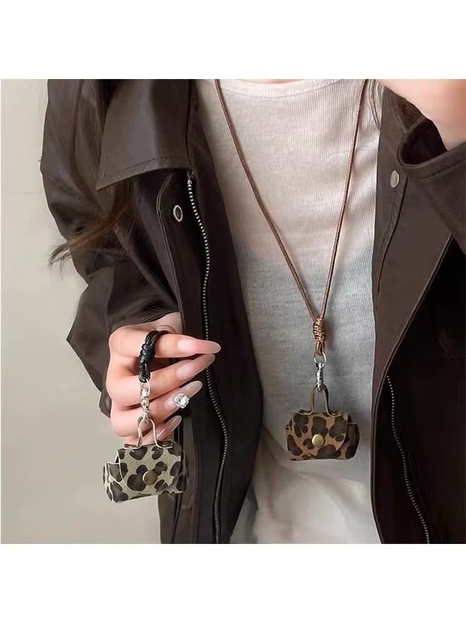 2PCS Women's Bag Chain Charm Cute Coin Purse Pendant Necklace Women's Headphone Case Storage Bag Long Halterneck Autumn Winter Sweater Chain Accessories (Coffee Leopard Print + Black) - Image 3
