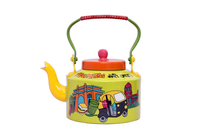 A Krazy Mug Hand Painted Colourful Decorative Traditional Mumbai Meri Jaan Theme Design Desi Tea Chai Aluminium Kettle (1.25 L, Yellow) - Image 1
