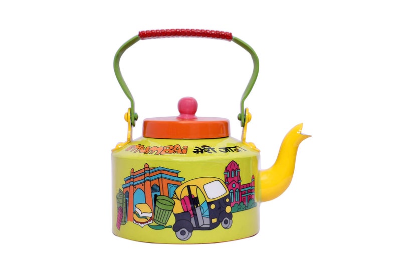A Krazy Mug Hand Painted Colourful Decorative Traditional Mumbai Meri Jaan Theme Design Desi Tea Chai Aluminium Kettle (1.25 L, Yellow) - Image 2