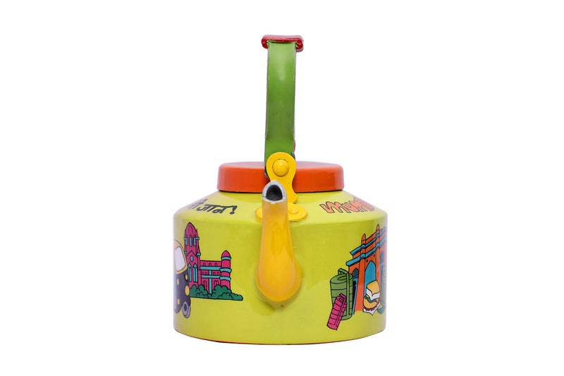 A Krazy Mug Hand Painted Colourful Decorative Traditional Mumbai Meri Jaan Theme Design Desi Tea Chai Aluminium Kettle (1.25 L, Yellow) - Image 3
