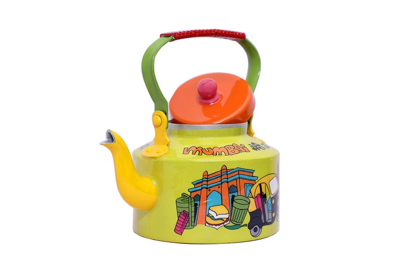 A Krazy Mug Hand Painted Colourful Decorative Traditional Mumbai Meri Jaan Theme Design Desi Tea Chai Aluminium Kettle (1.25 L, Yellow) - Image 5