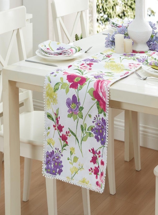 Newbridge Sophia Pom Pom 13 x 70 Inch Rectangle Fabric Table Runner, Wrinkle and Stain Resistant Pink and Purple Floral Table Runner for Indoor Outdoor Dinner Parties - Image 1