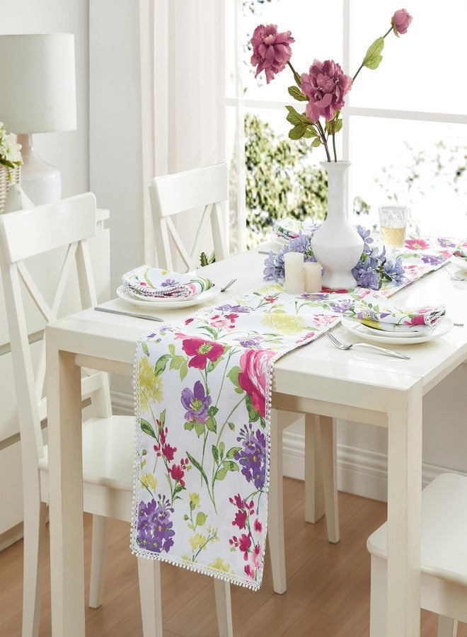 Newbridge Sophia Pom Pom 13 x 70 Inch Rectangle Fabric Table Runner, Wrinkle and Stain Resistant Pink and Purple Floral Table Runner for Indoor Outdoor Dinner Parties - Image 3