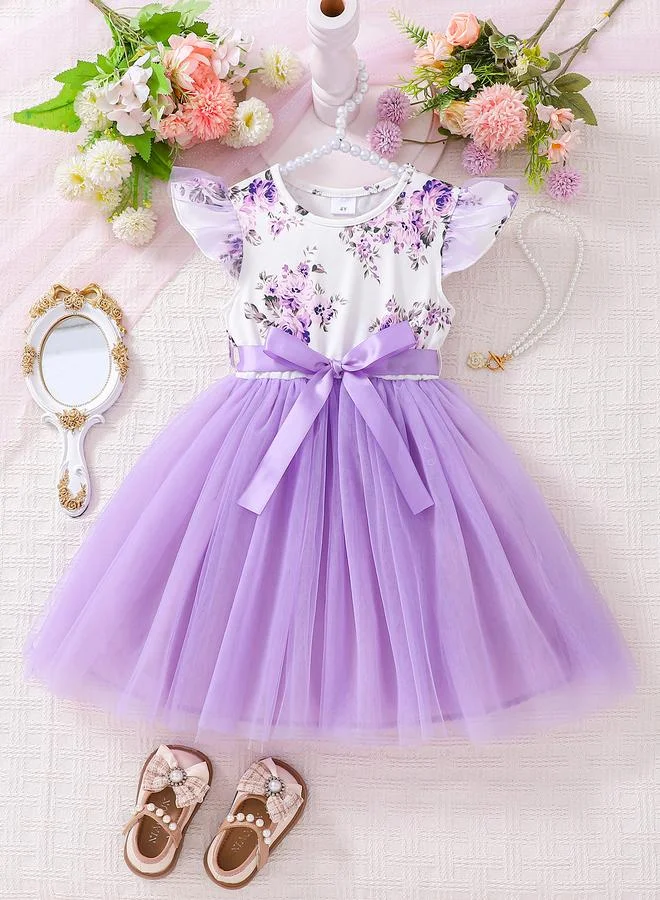Girls Purple Floral A-Line Mini Dress