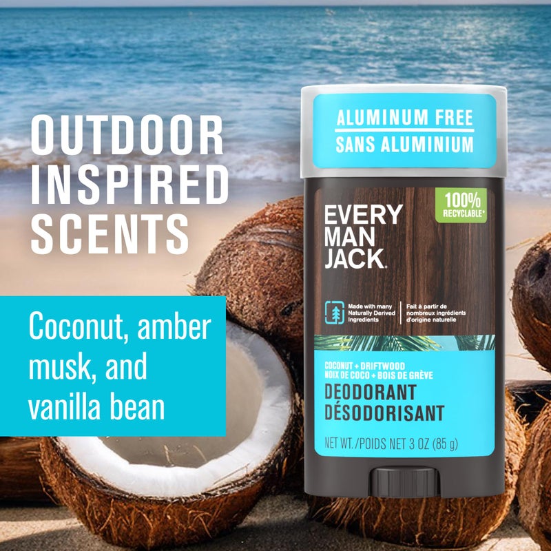Every Man Jack Coconut Driftwood Menâ€™s Deodorant - Stay Fresh with Aluminum Free Deodorant For all Skin Types - Odor Crushing, Long Lasting, with Naturally Derived Ingredients - 3oz (2 Pack) - Image 4