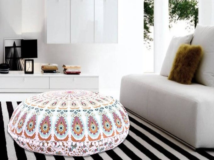 32 FLOOR PILLOW COVER ONLY BROWN WHITE MANDALA CUSHION COVER POUF SEATING THROW MEDITATION PILLOWS CASE HIPPIE DECOR BOHO ROUND MULTI COLORFUL HOME DORMS LIVING ROOM BEDROOM DECORATION FLOWER PRINT