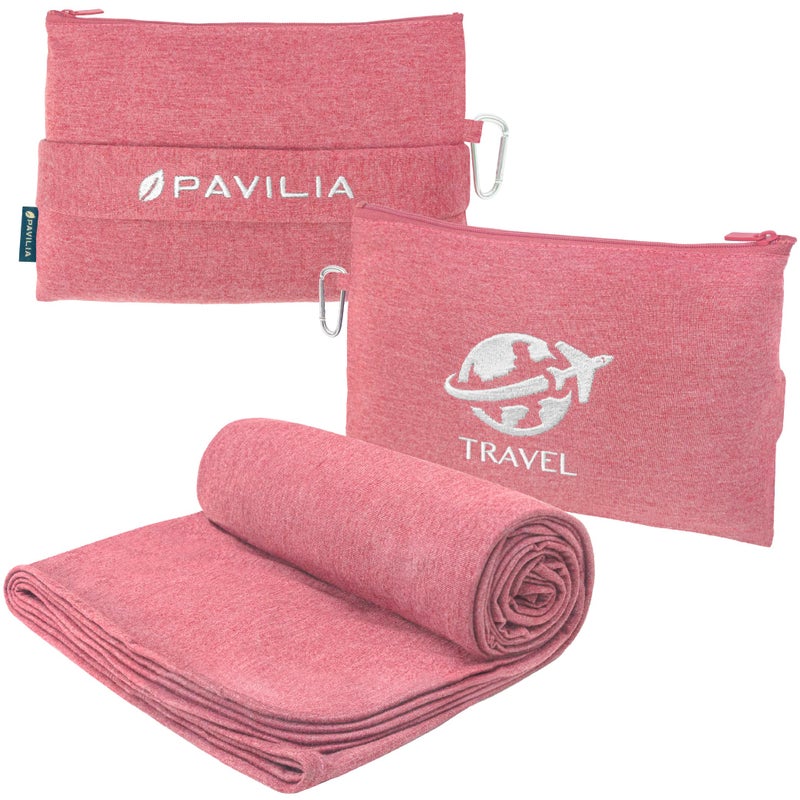 PAVILIA PAVILIA Soft Travel Blanket Compact Airplane Blanket in Bag Portable Blanket Pillow Set Lightweight and Packable Plane Flight Car Trips Travel Home Office Gift Accessories Pink 65x40 inches