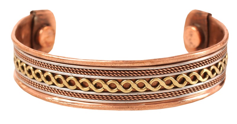 Touchstone Handcrafted Copper Magnetic Hand Forged With Solid And High Gauge Wires Braids Motifs Minimalistic Elegance Pure Copper Bracelet In Triple Tones. - Image 1